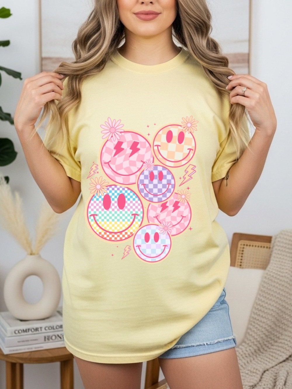 Comfort Colors Pale Yellow Tee with Pink & Pastel Smiley Graphics